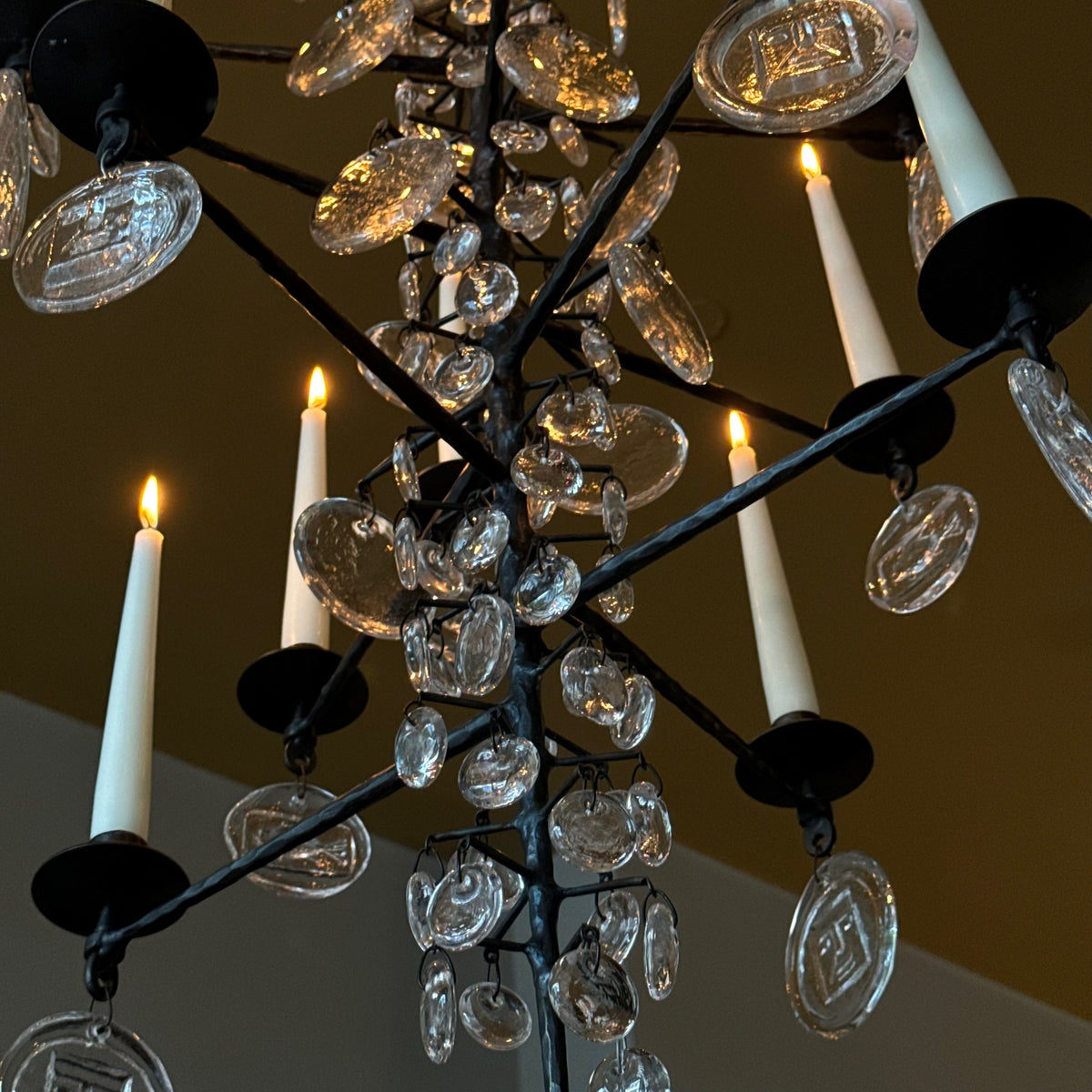 12-Armed Glass & Iron Chandelier/ Erik Höglund/ Sweden, 1960s