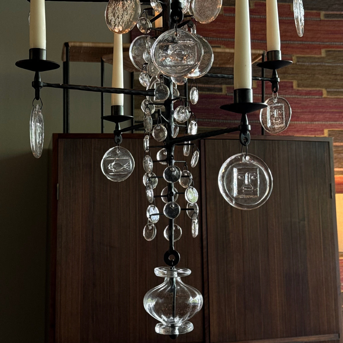 12-Armed Glass & Iron Chandelier/ Erik Höglund/ Sweden, 1960s