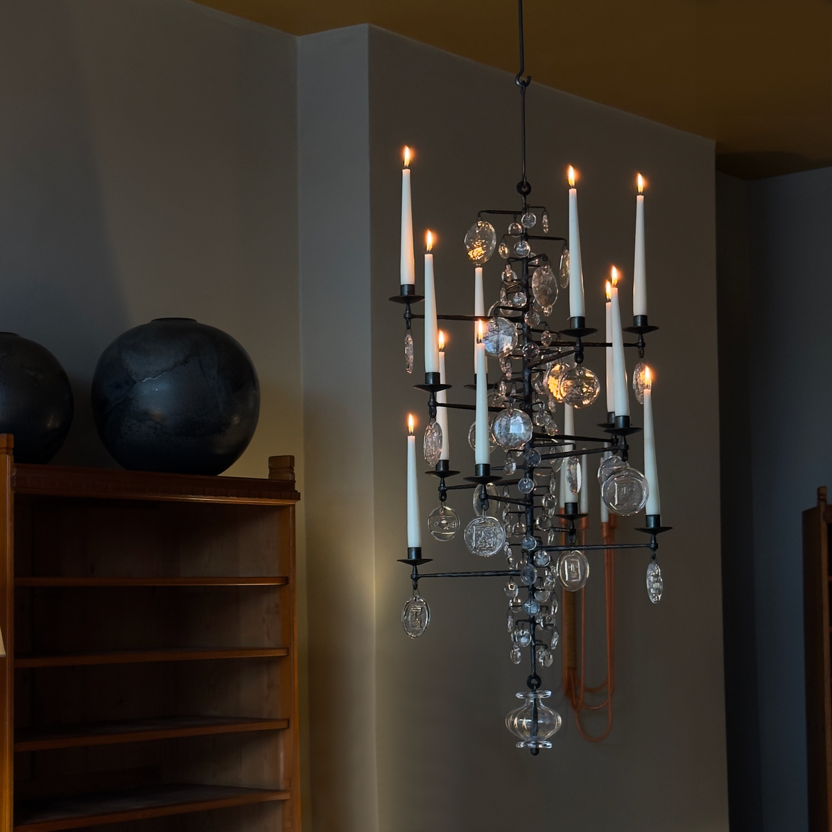 12-Armed Glass & Iron Chandelier/ Erik Höglund/ Sweden, 1960s