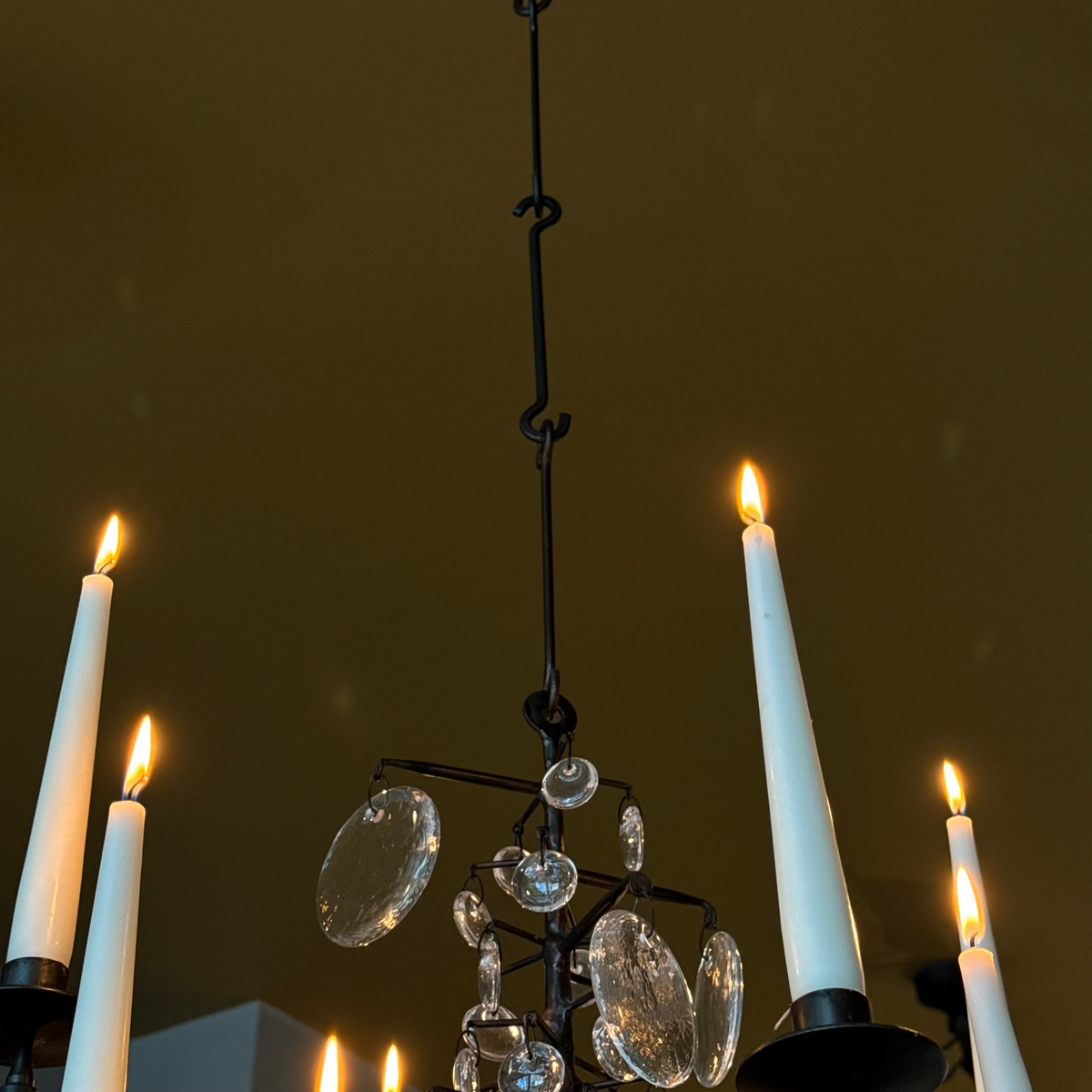 12-Armed Glass & Iron Chandelier/ Erik Höglund/ Sweden, 1960s