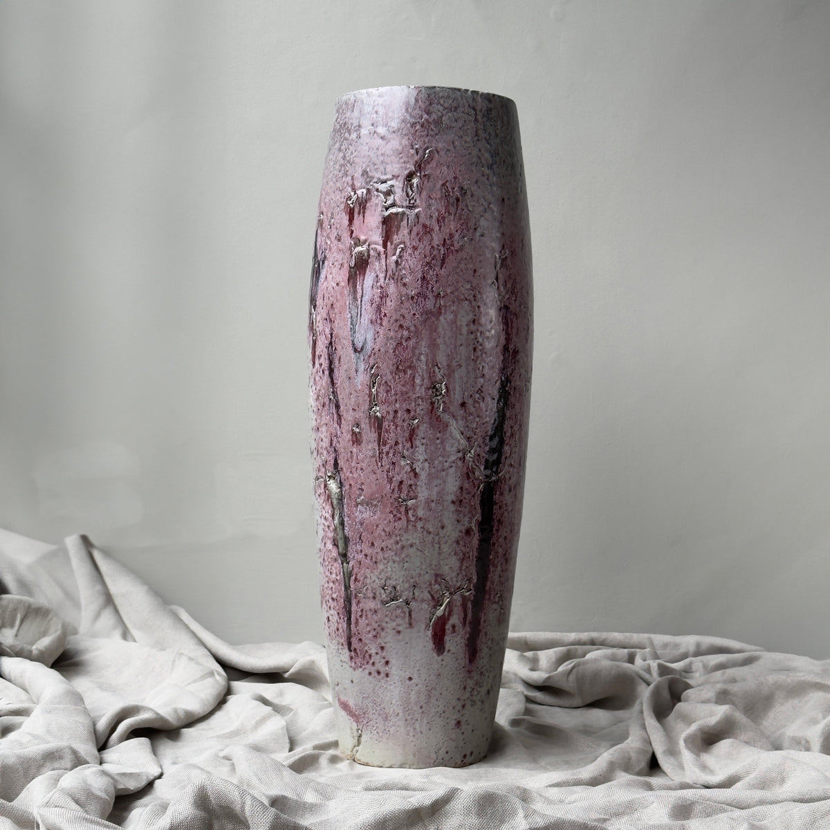 Monumental Column Vase/ Grey and Red Glaze