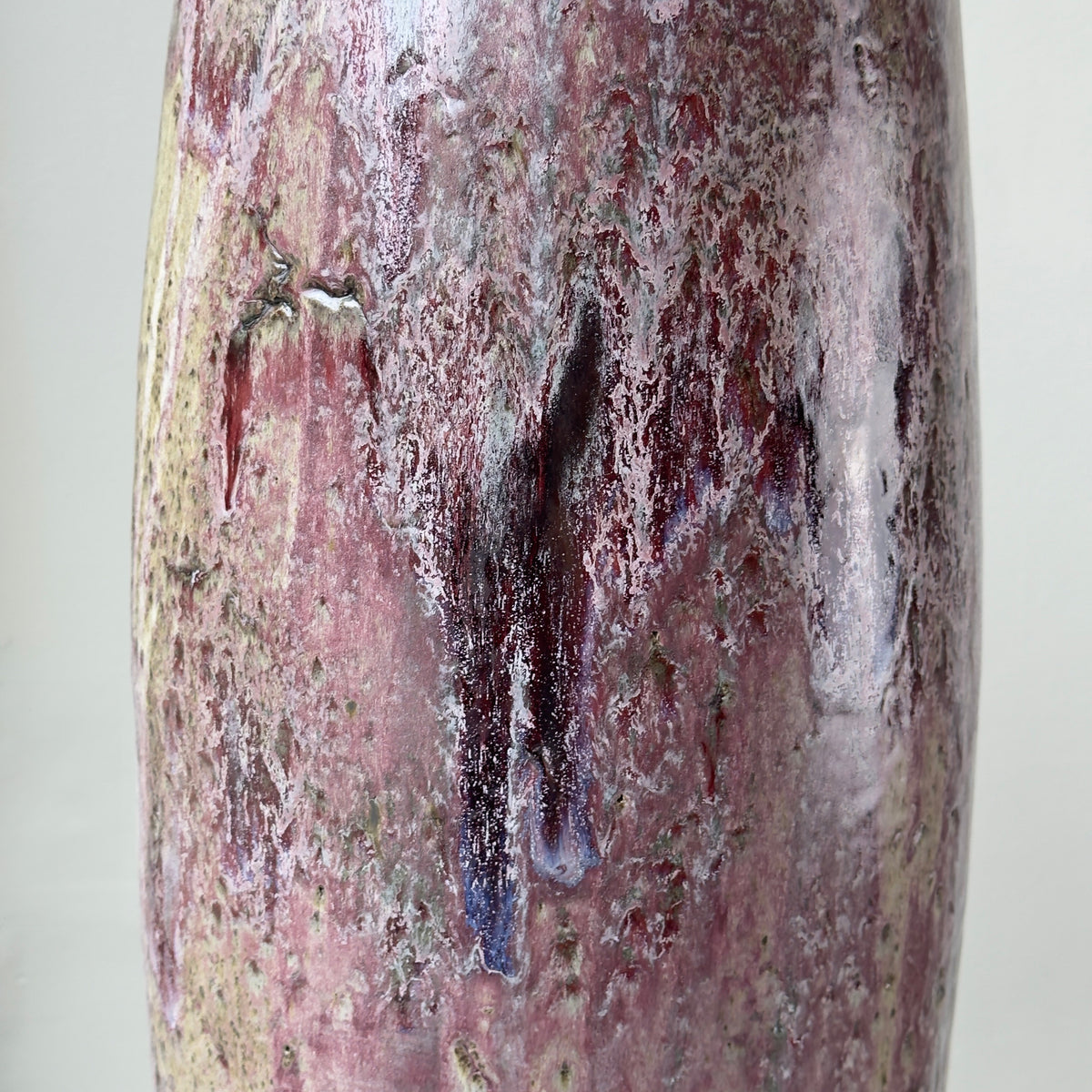 Monumental Column Vase/ Grey, Red & Yellow Glaze