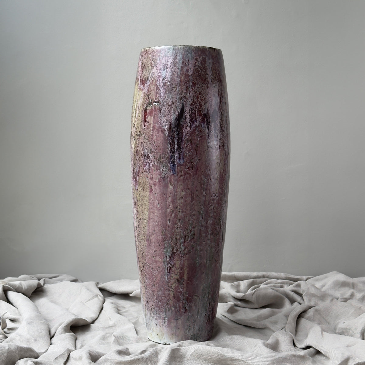 Monumental Column Vase/ Grey, Red & Yellow Glaze