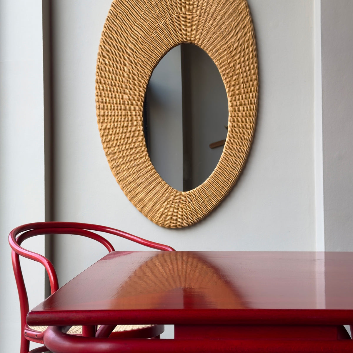 Asymmetric Wicker Mirror/ French, 1970s