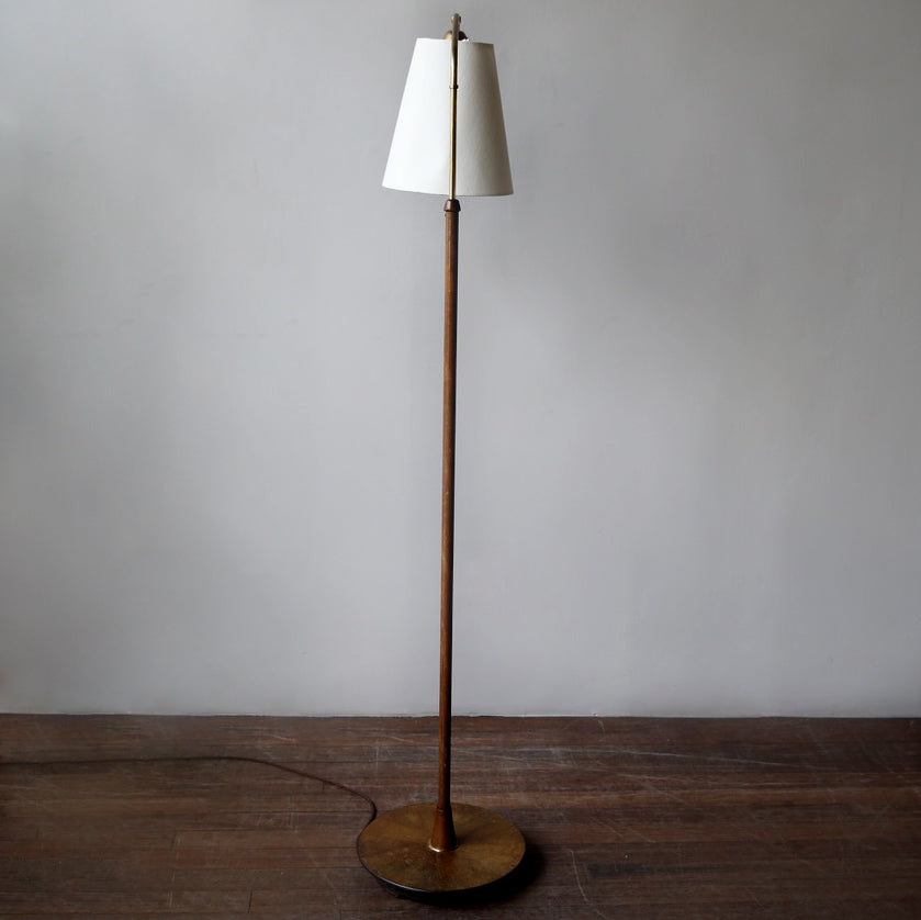 Bent-Neck Wood & Brass Floor Light / Denmark, 1940s