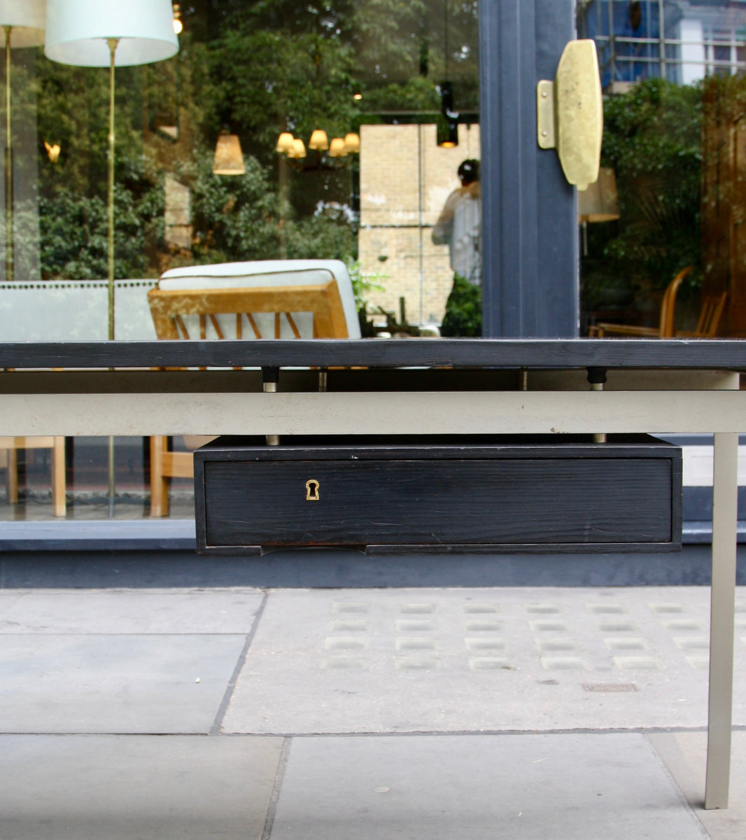 An original Professor Desk designed by Poul Kjærholm in 1955 for the Royal Danish Academy of Fine Arts in Copenhagen. This architectural piece exemplifies Kjærholm's minimalist design ethos and the refined craftsmanship of midcentury Danish modernism.