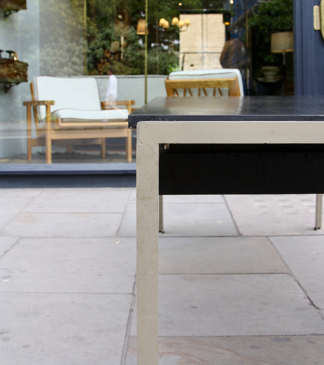 An original Professor Desk designed by Poul Kjærholm in 1955 for the Royal Danish Academy of Fine Arts in Copenhagen. This architectural piece exemplifies Kjærholm's minimalist design ethos and the refined craftsmanship of midcentury Danish modernism.