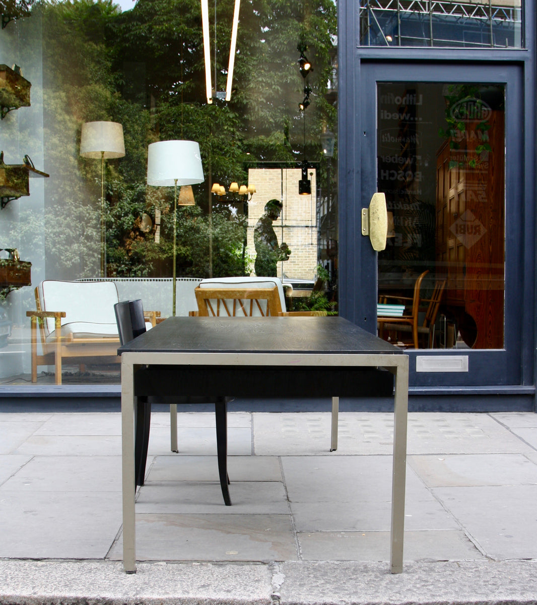 An original Professor Desk designed by Poul Kjærholm in 1955 for the Royal Danish Academy of Fine Arts in Copenhagen. This architectural piece exemplifies Kjærholm's minimalist design ethos and the refined craftsmanship of midcentury Danish modernism.