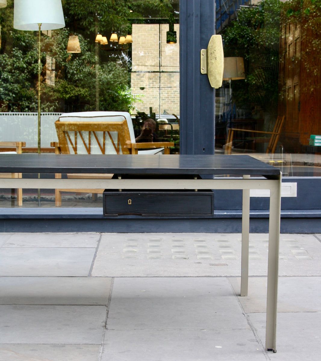 An original Professor Desk designed by Poul Kjærholm in 1955 for the Royal Danish Academy of Fine Arts in Copenhagen. This architectural piece exemplifies Kjærholm's minimalist design ethos and the refined craftsmanship of midcentury Danish modernism.