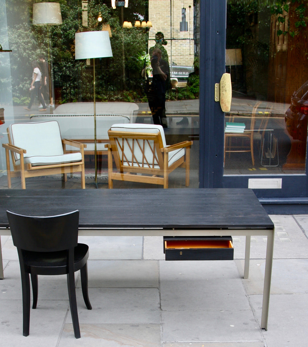 An original Professor Desk designed by Poul Kjærholm in 1955 for the Royal Danish Academy of Fine Arts in Copenhagen. This architectural piece exemplifies Kjærholm's minimalist design ethos and the refined craftsmanship of midcentury Danish modernism.